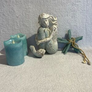 Coastal Ocean Theme Home Decor | Mermaid Statue, LED Candles, & Starfish Accent